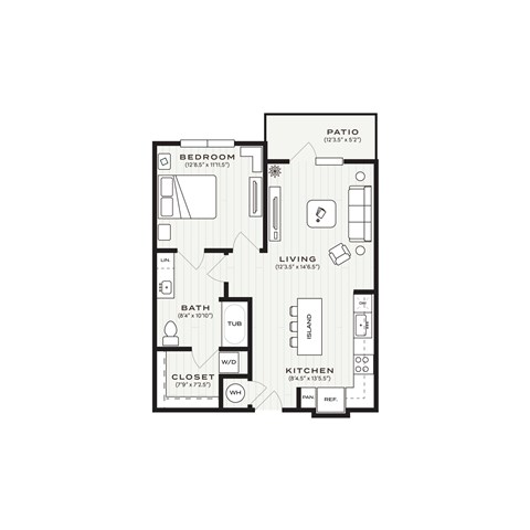 Floor plan for 1 bed, 1 bath, 728 sqft